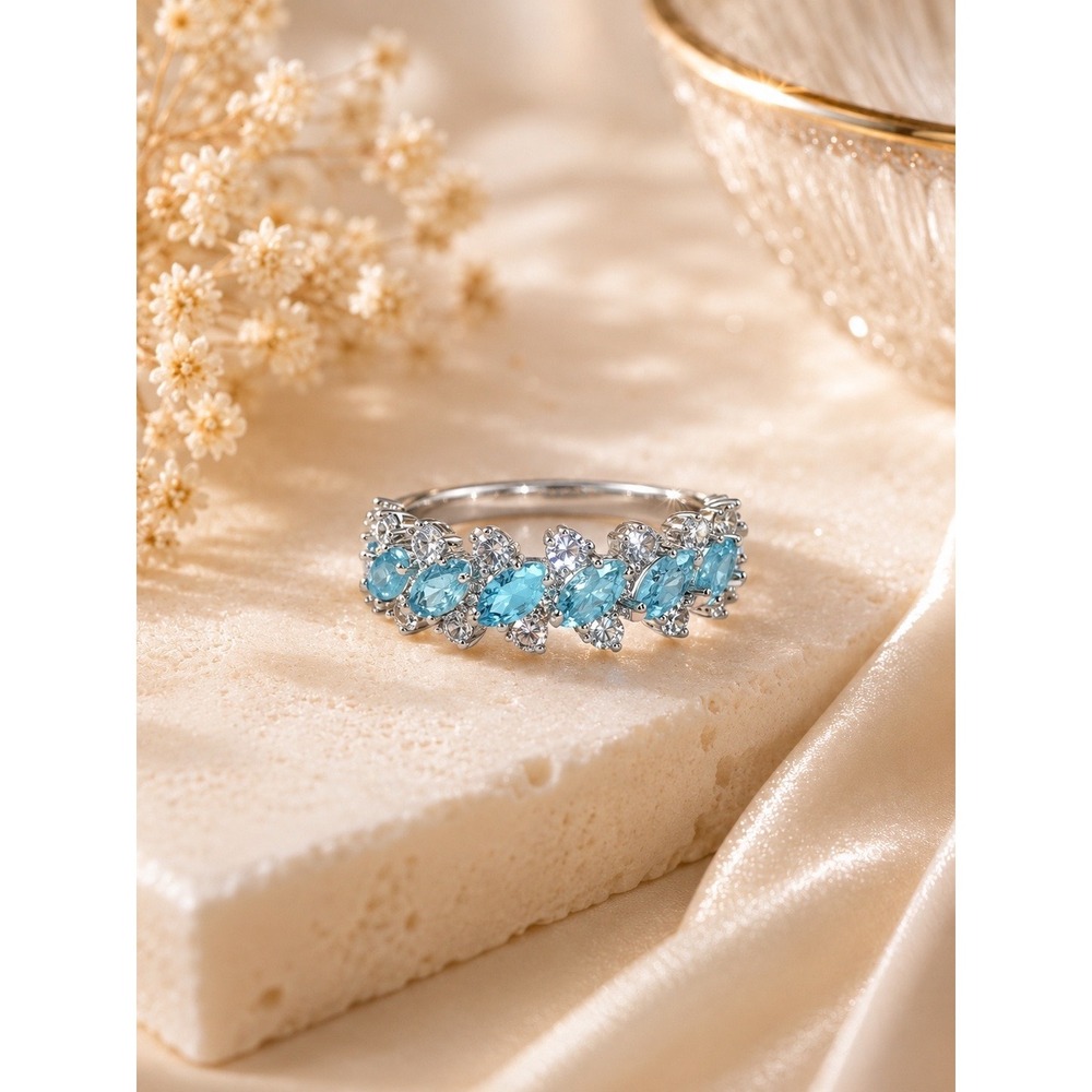 Bomb‎ Party Light Blue Marquise Crystal Silver Tone Eternity Band Ring Size 6
